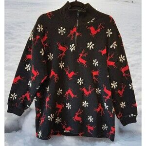 Talbots Fleece Top Medium 1/4‎ Zip Snowflakes Reindeer Warm Cozy Soft